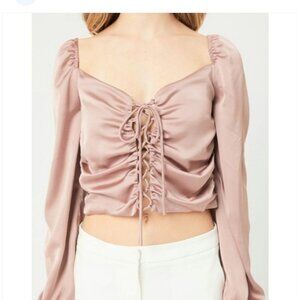Forever 21+ Womens 2X Corset Crop Light Pink Satin Puffy Long Sleeve Blouse Chic